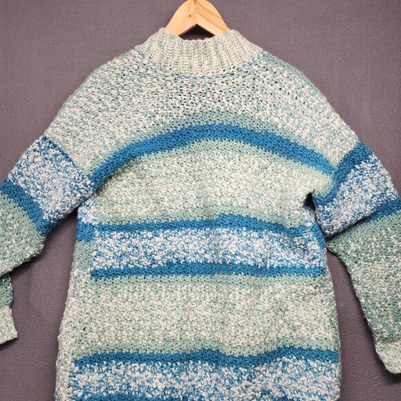 Womens Handmade Open Front Cardigan Large Blue Striped Pockets Long Line - Picture 10 of 15